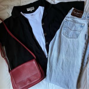 black wide/boxy fit button up top / perfect for layering